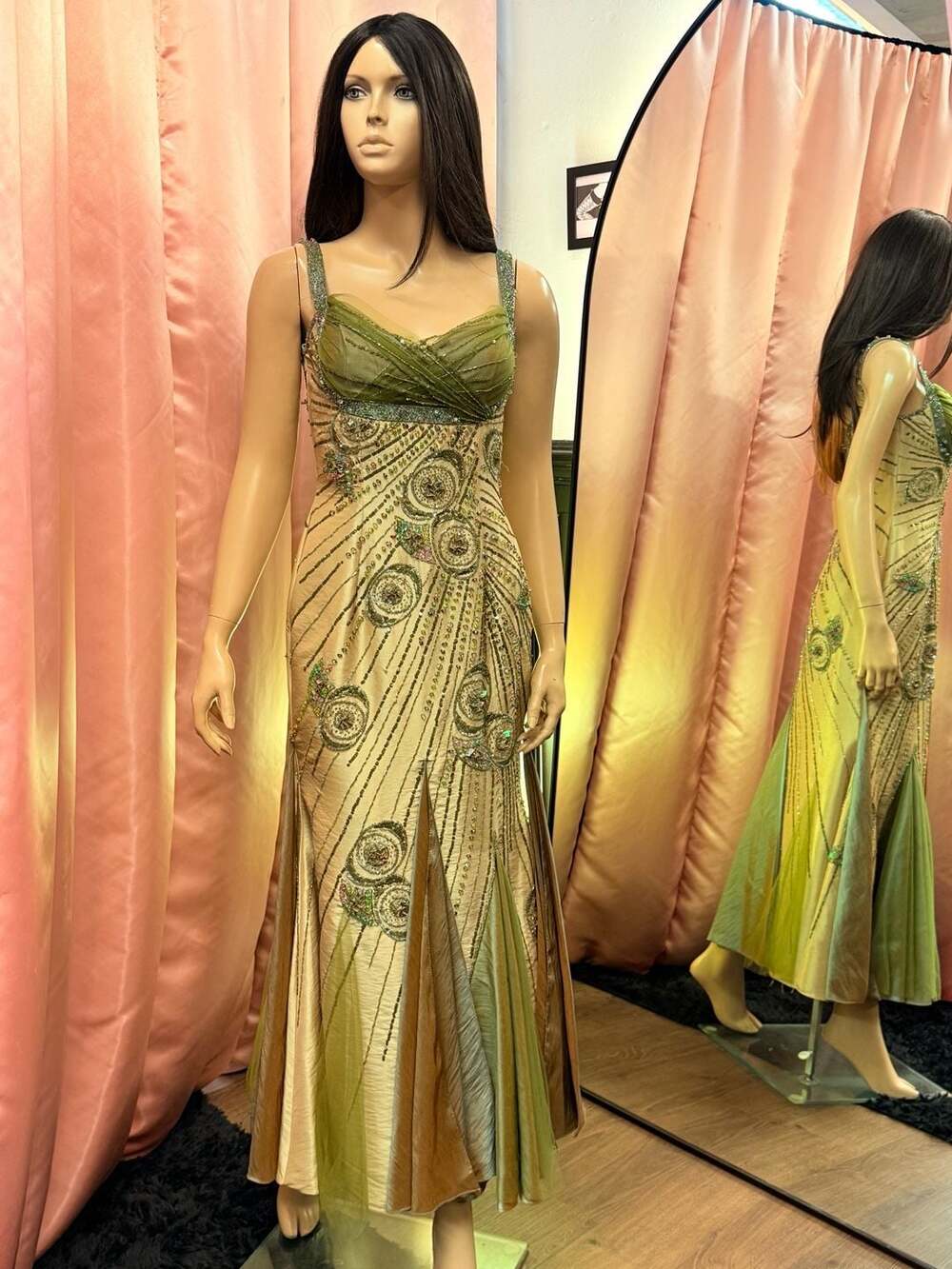 Biccici Y2K Beaded Green and Beige Ombre Silk Prom Maxi Dress